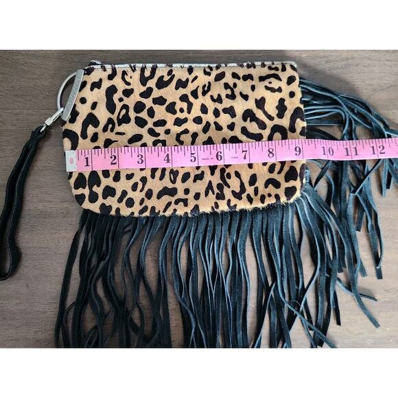 Prüne Leopard Print Haircalf Look Leather Suede Fringe Wristlet Bag Western Boho - Picture 5 of 10